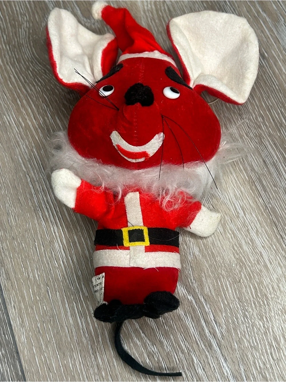 Vintage Red Felt Christmas Mouse Ornament Plush Santa Suit Retro 8”